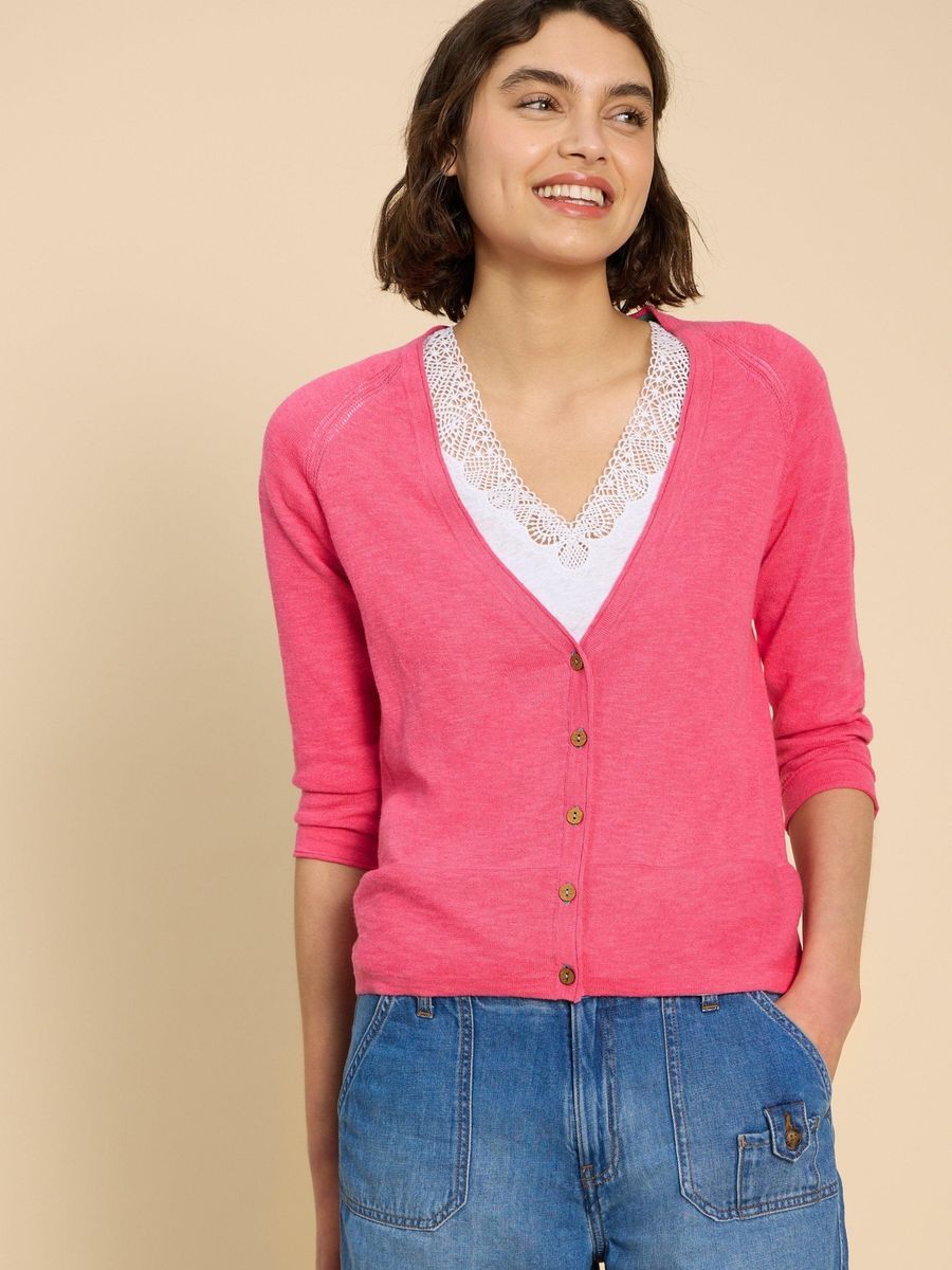 Strickjacke mit V-Ausschnitt aus Baumwollleinenmischung