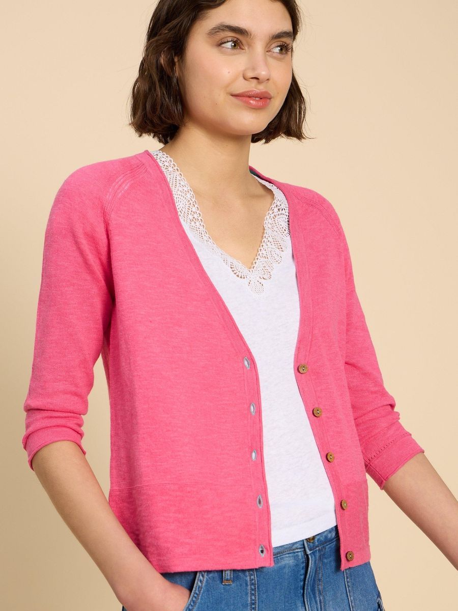 Strickjacke mit V-Ausschnitt aus Baumwollleinenmischung