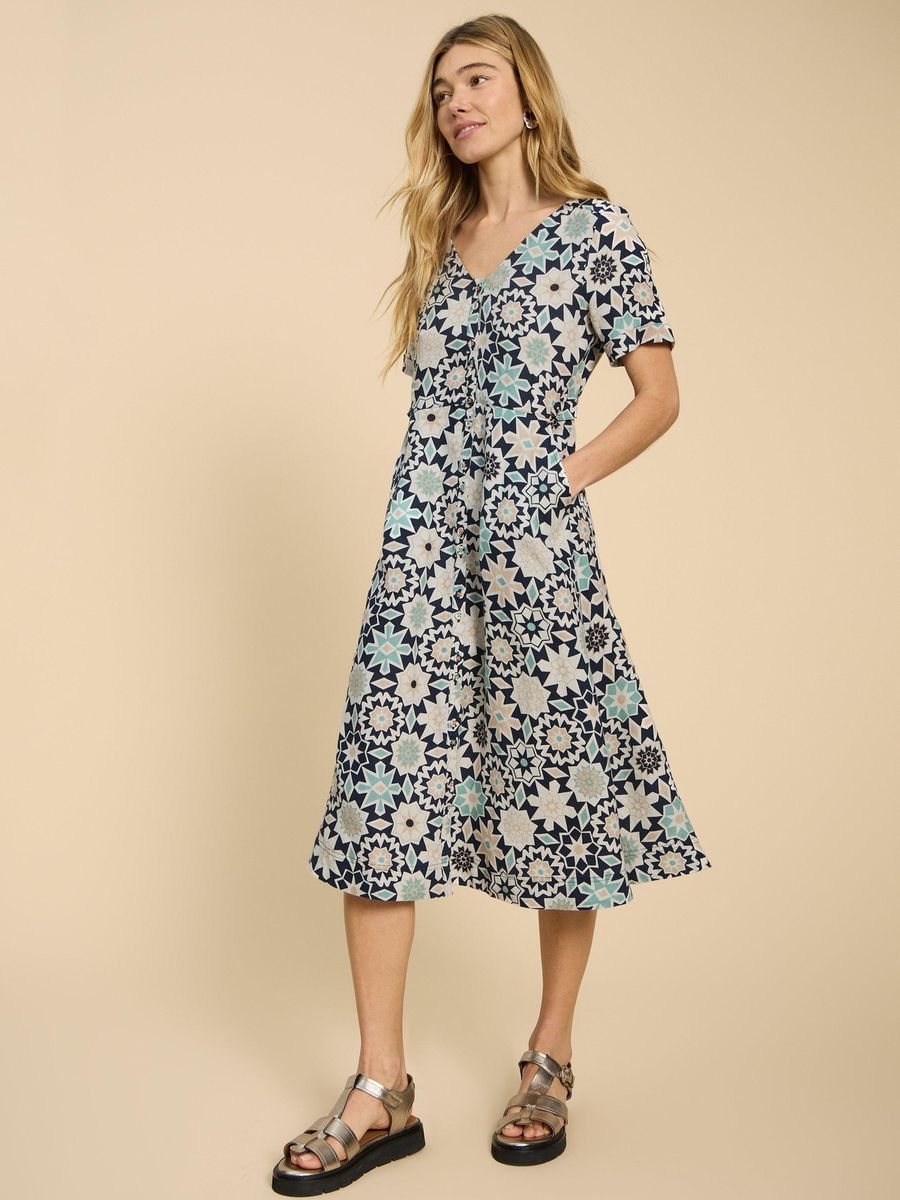 Leinen Midikleid mit geometrischem Print