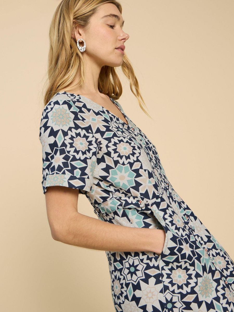 Leinen Midikleid mit geometrischem Print
