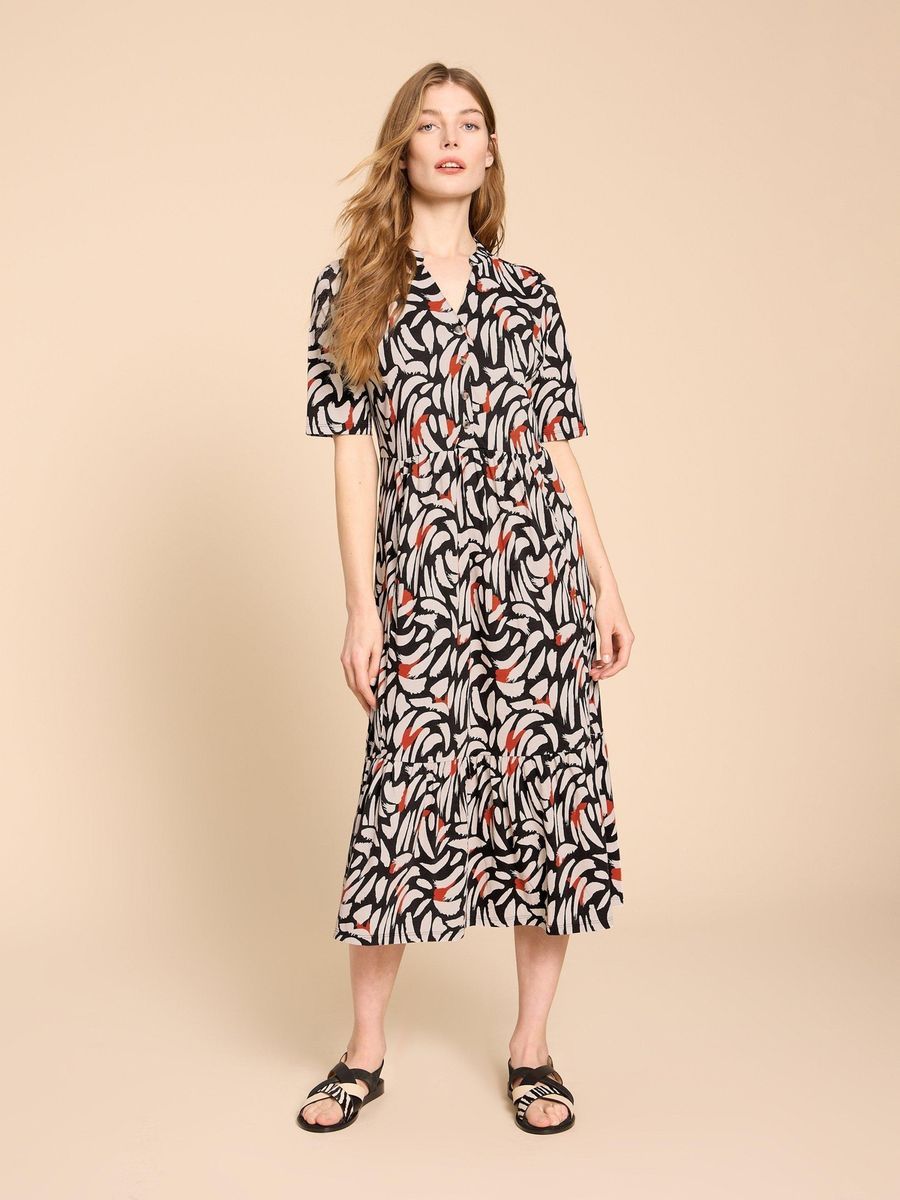 Bedrucktes Jersey-Midikleid mit Stufen