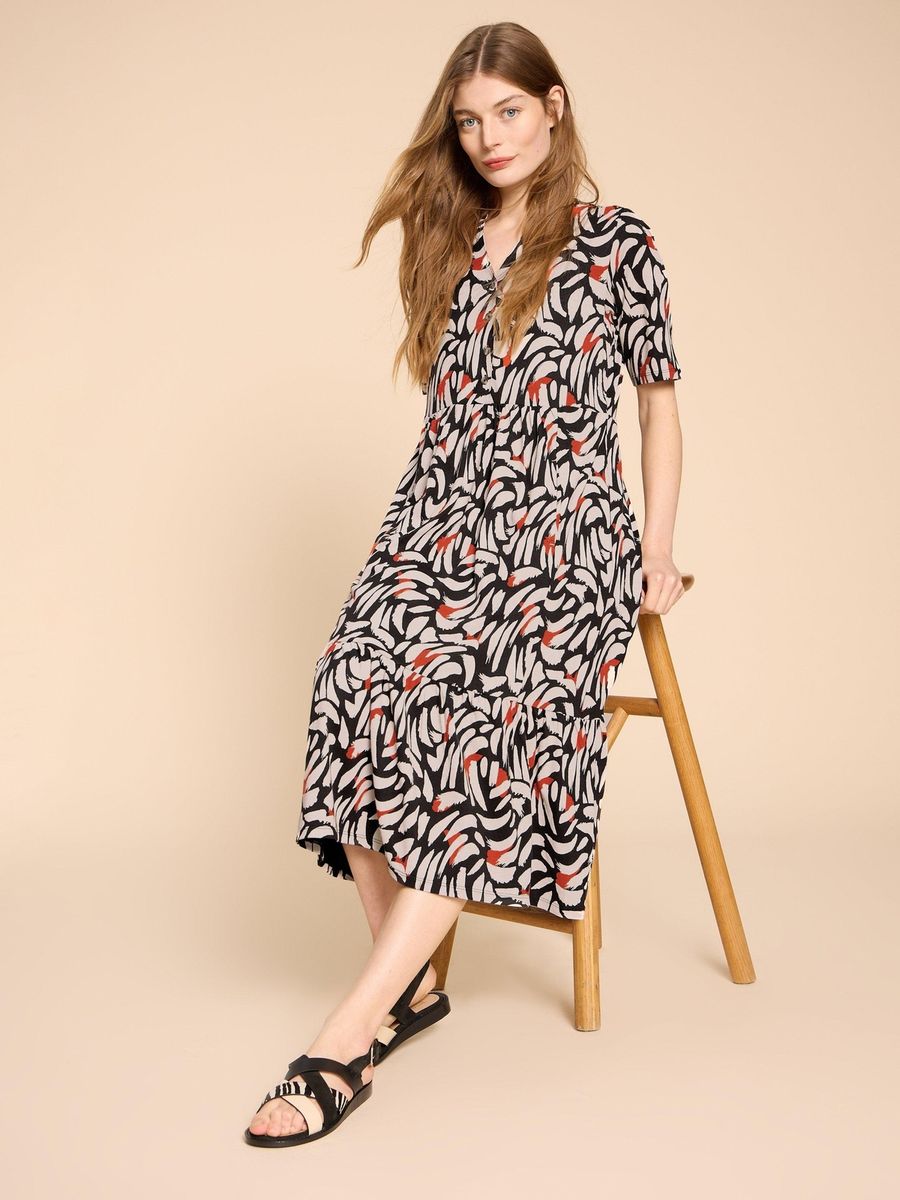 Bedrucktes Jersey-Midikleid mit Stufen