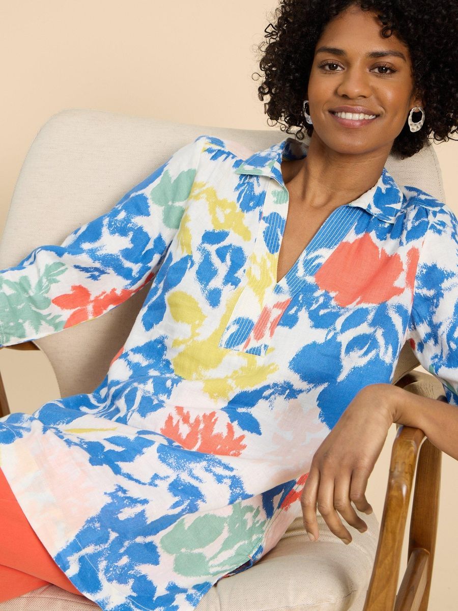 Leinentunika Kleid mit Blumenmuster