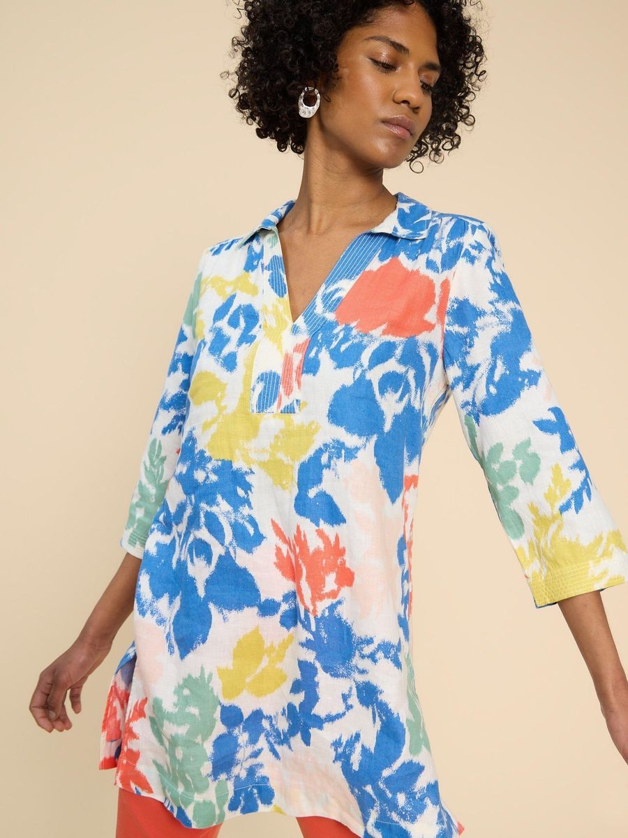 Leinentunika Kleid mit Blumenmuster