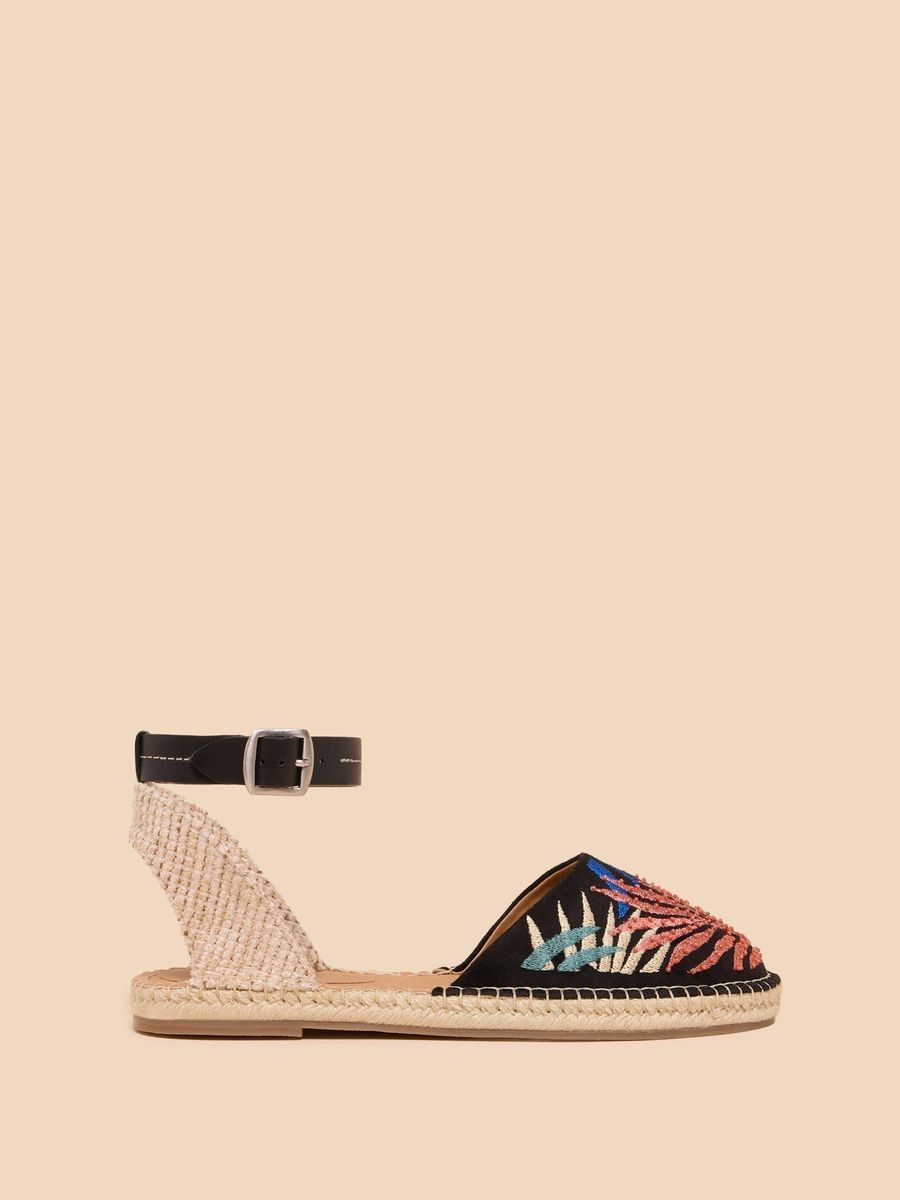 Espadrille-Sandale mit Blattstickerei und Knöchelriemen