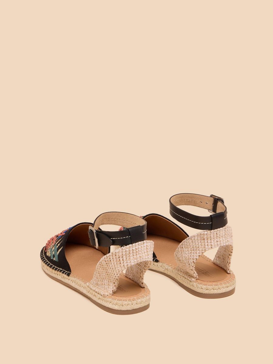 Espadrille-Sandale mit Blattstickerei und Knöchelriemen