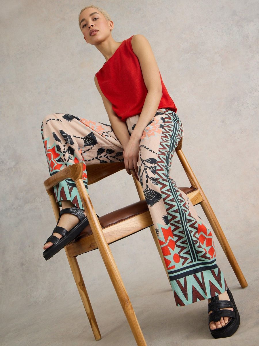 Weite Hose aus Leinenmischung mit Print