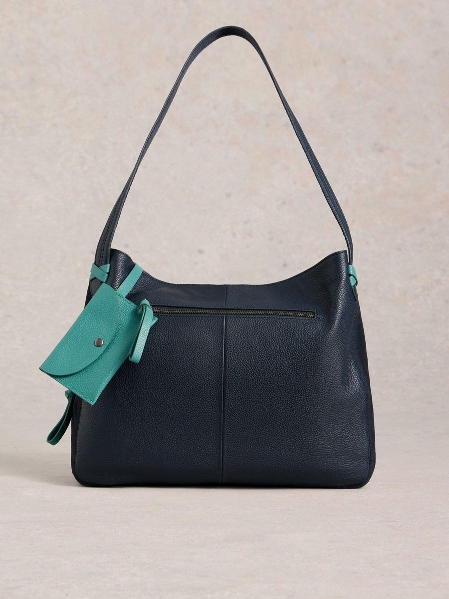 Marineblaue Schultertasche aus Leder mit Etui