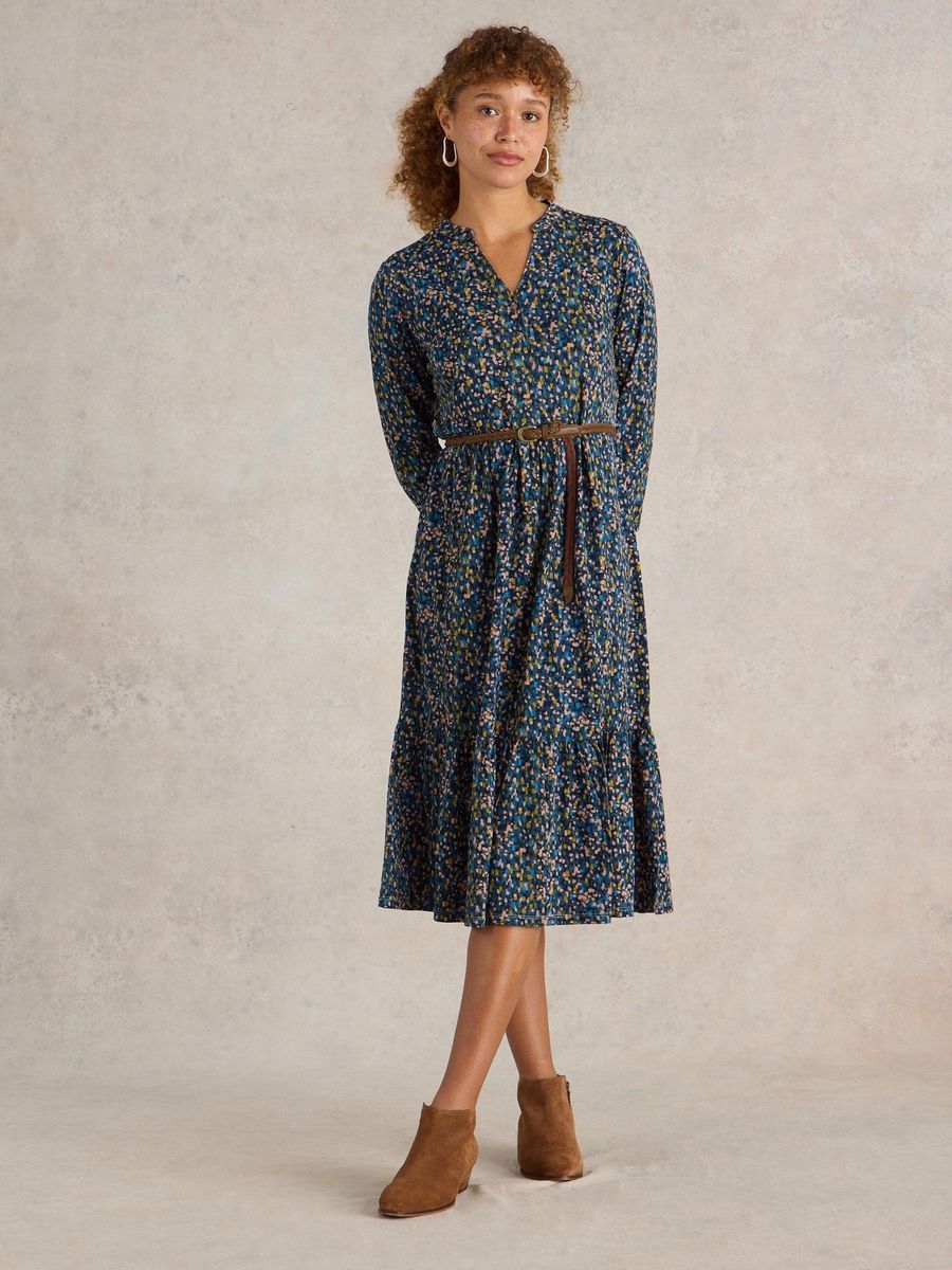 Gestuftes Jersey-Midikleid mit Gürtel