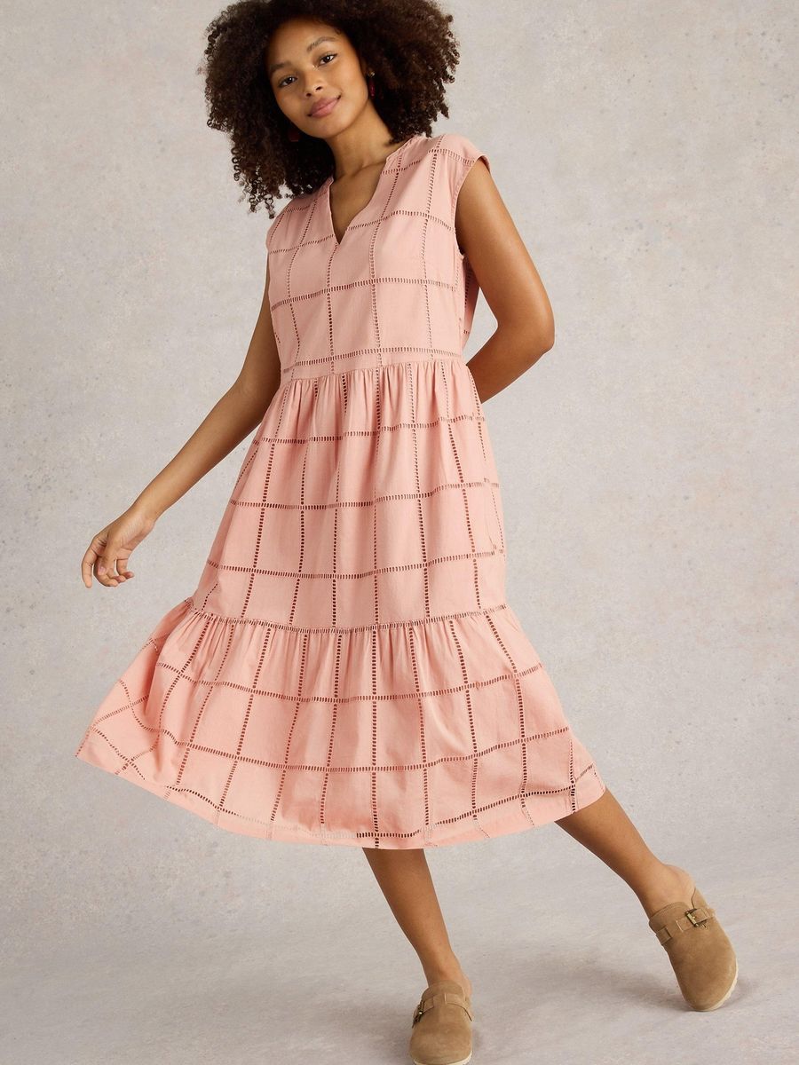 Gestuftes Midi-Kleid aus Baumwolle mit Lochstickerei
