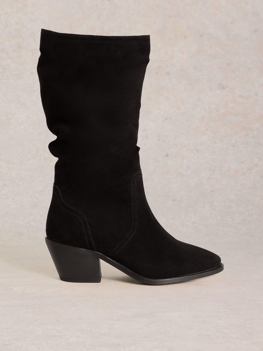 Schwarze Wildleder Schlupf Stiefel mit Absatz
