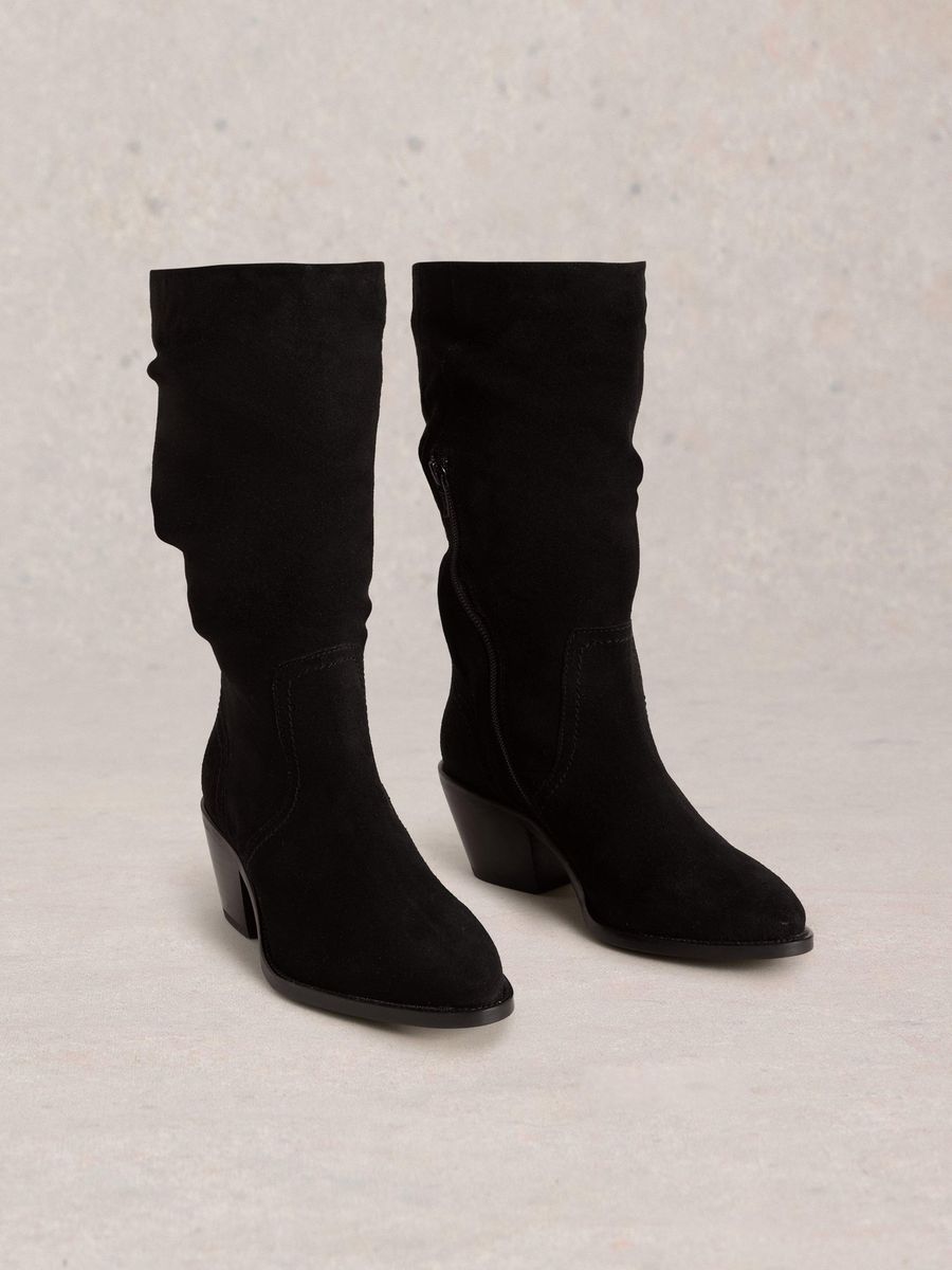 Schwarze Wildleder Schlupf Stiefel mit Absatz