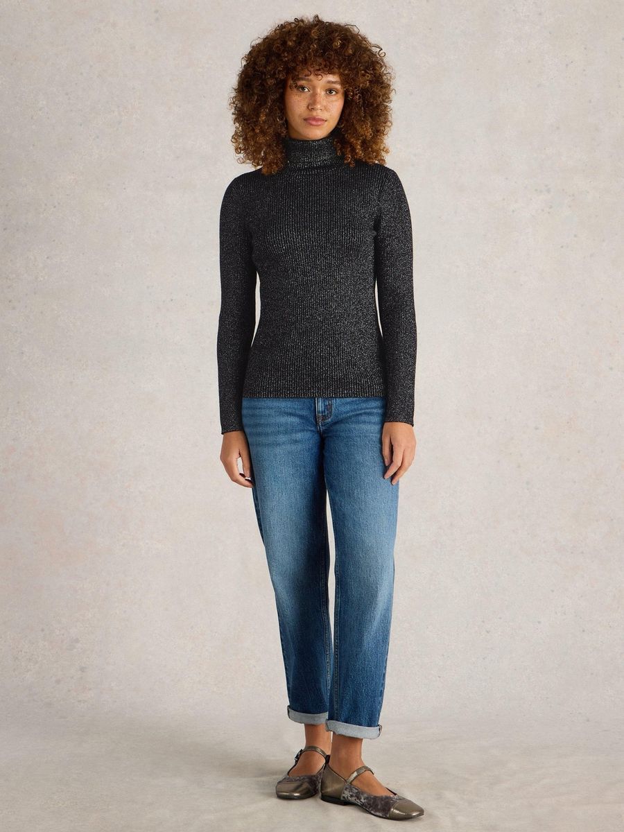 Glitzernder Rippenstrick-Rollkragenpullover