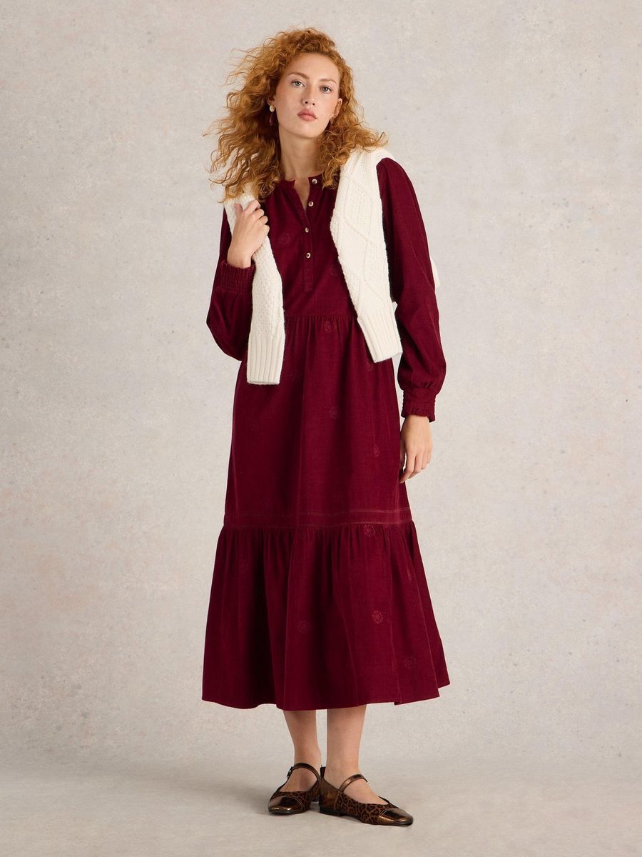 Besticktes Cord-Midikleid mit Stufen