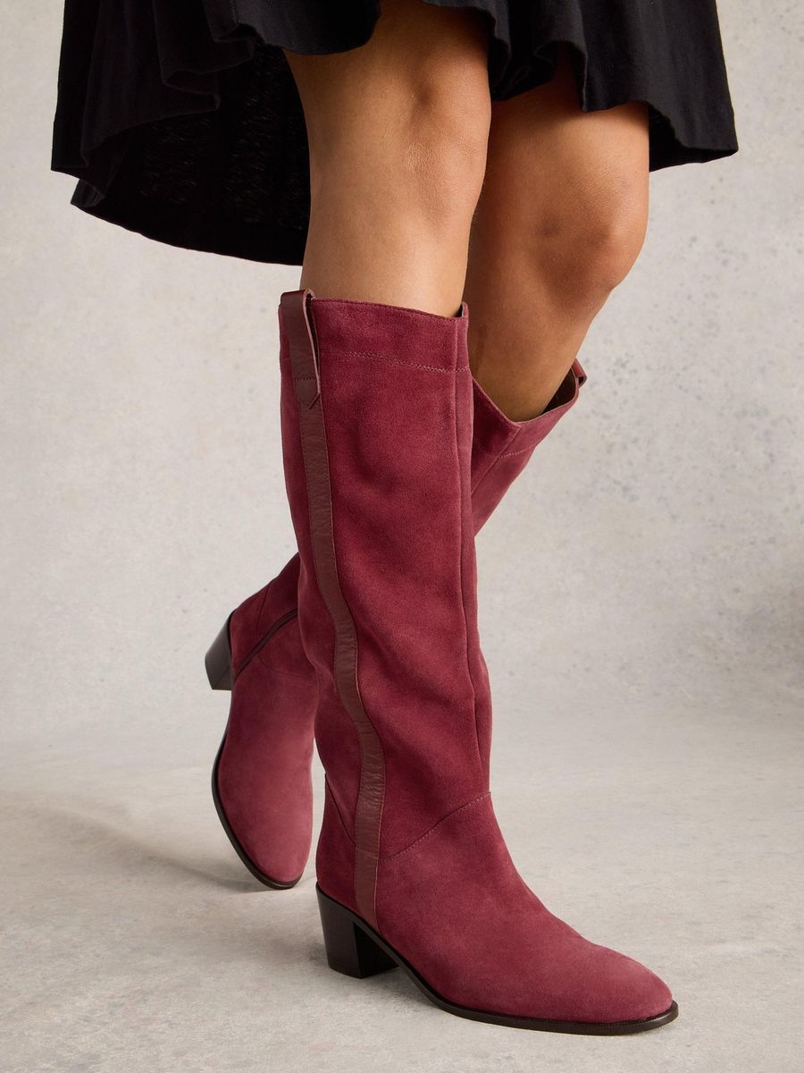 Burgunderfarbene Wildleder Kniehohe Stiefel