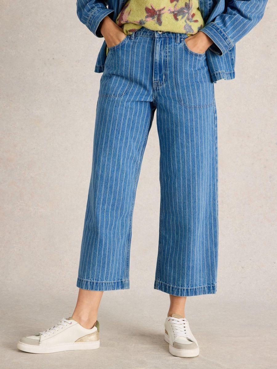 Gestreifte 7/8 Jeans mit weitem Bein