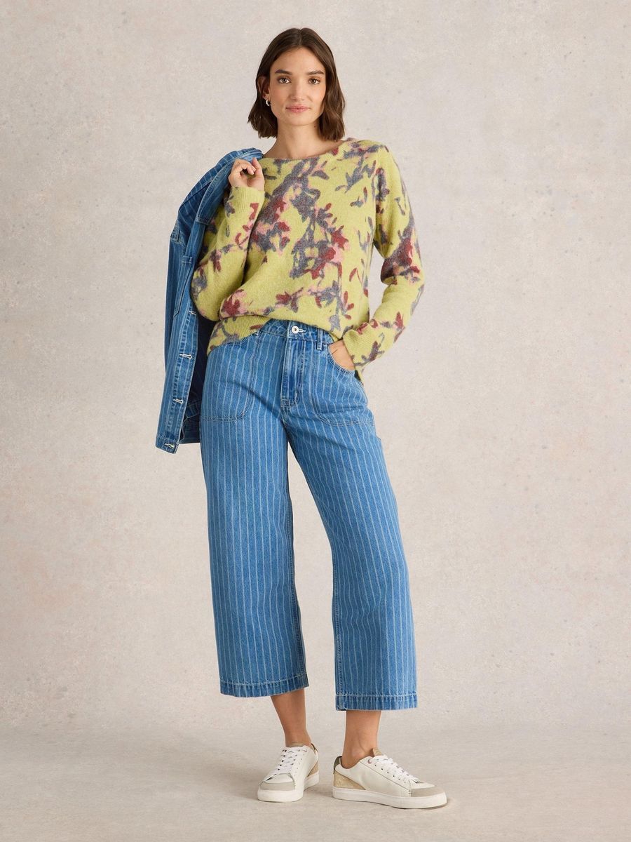 Gestreifte 7/8 Jeans mit weitem Bein