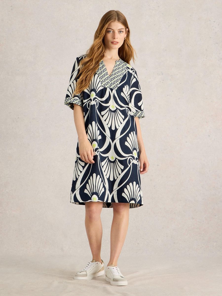 Lockeres Leinen-Tunika-Kleid mit Print