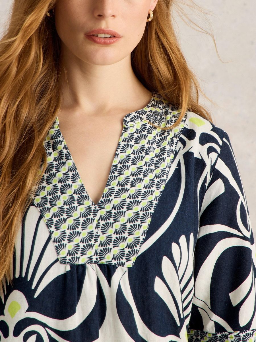 Lockeres Leinen-Tunika-Kleid mit Print