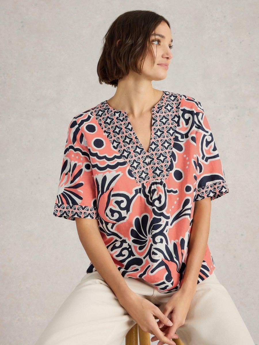 Tunika Top aus Leinenmischung mit Print