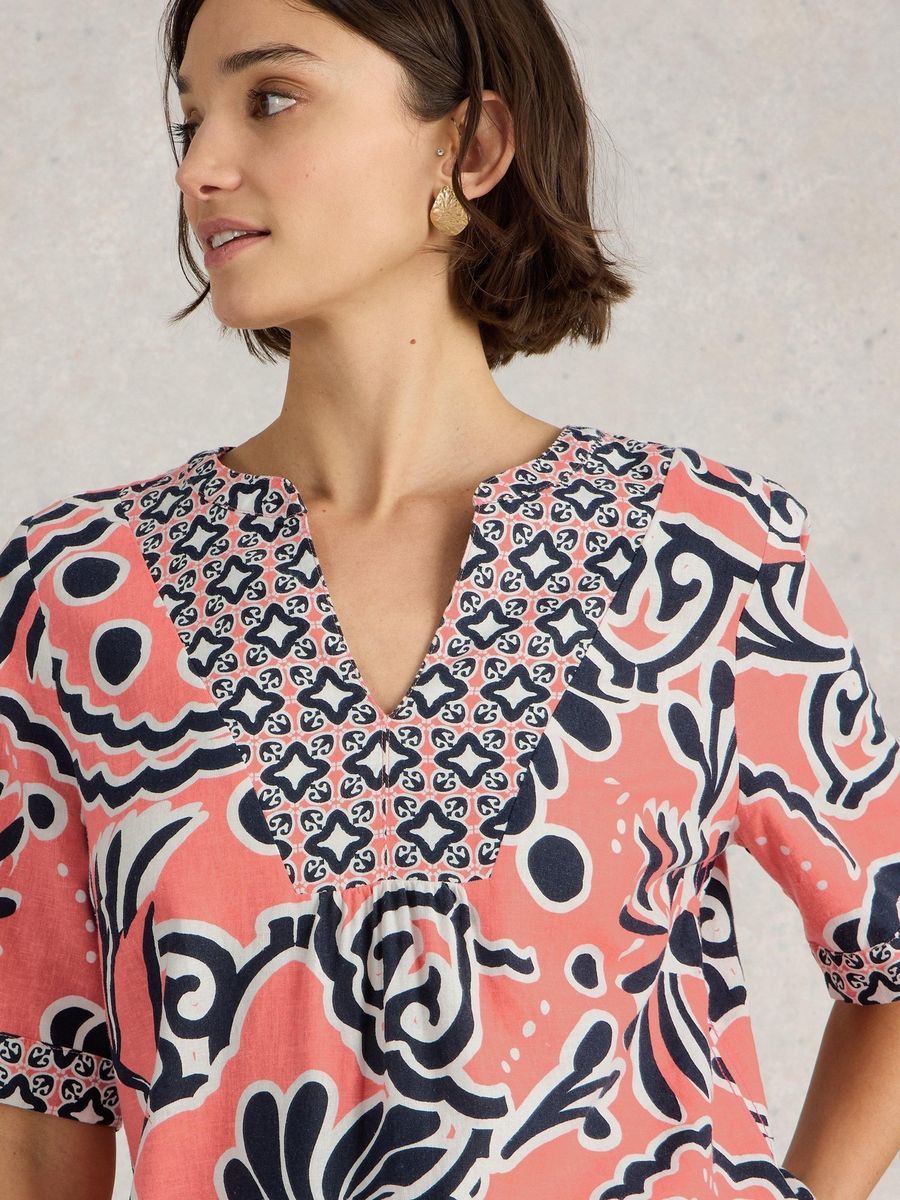 Tunika Top aus Leinenmischung mit Print