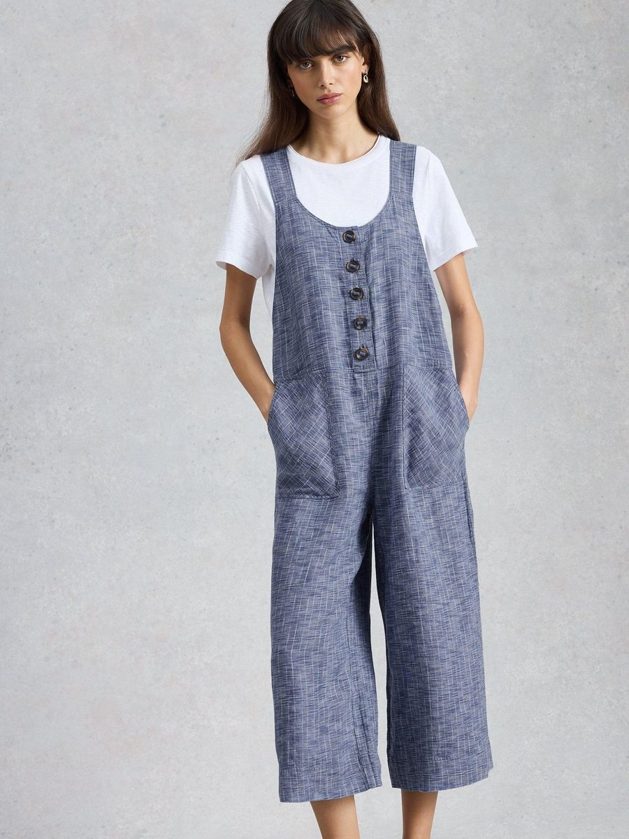 Leinen-Latzhose mit Knopfleiste und weitem Bein