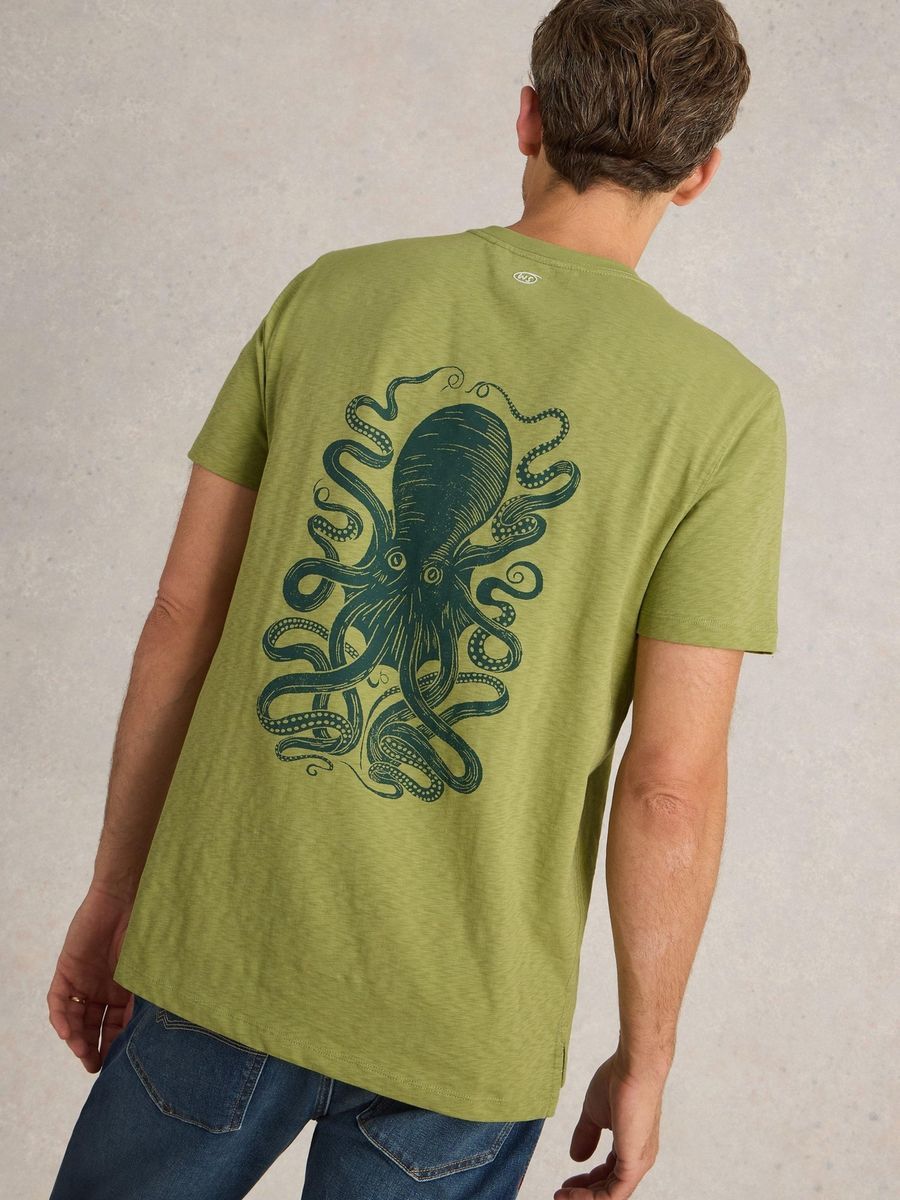 Olivgrünes T-Shirt mit Oktopus-Grafik