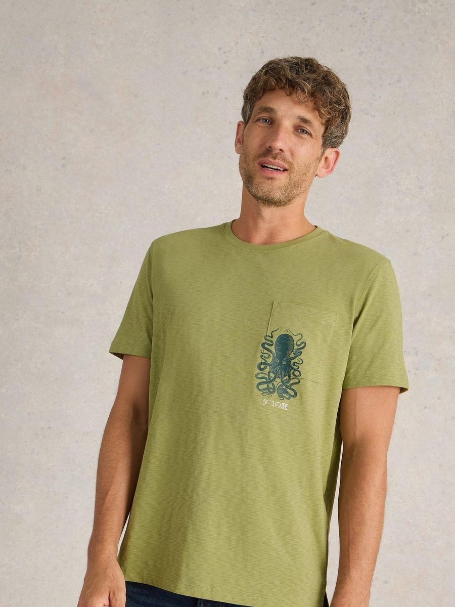 Olivgrünes T-Shirt mit Oktopus-Grafik