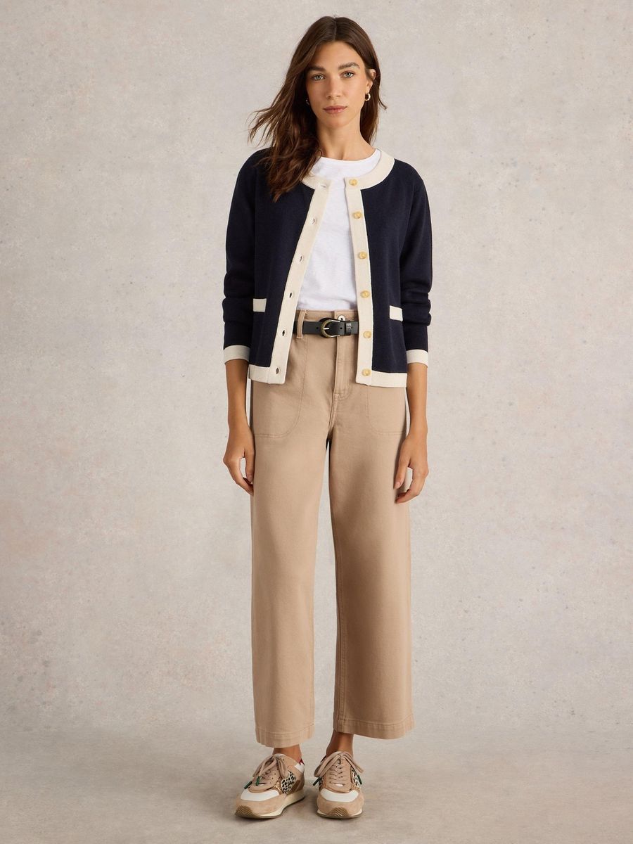 Marineblauer Cardigan mit Baumwollmischung und Borte