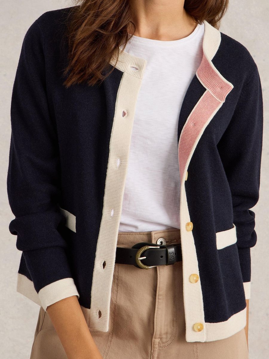 Marineblauer Cardigan mit Baumwollmischung und Borte