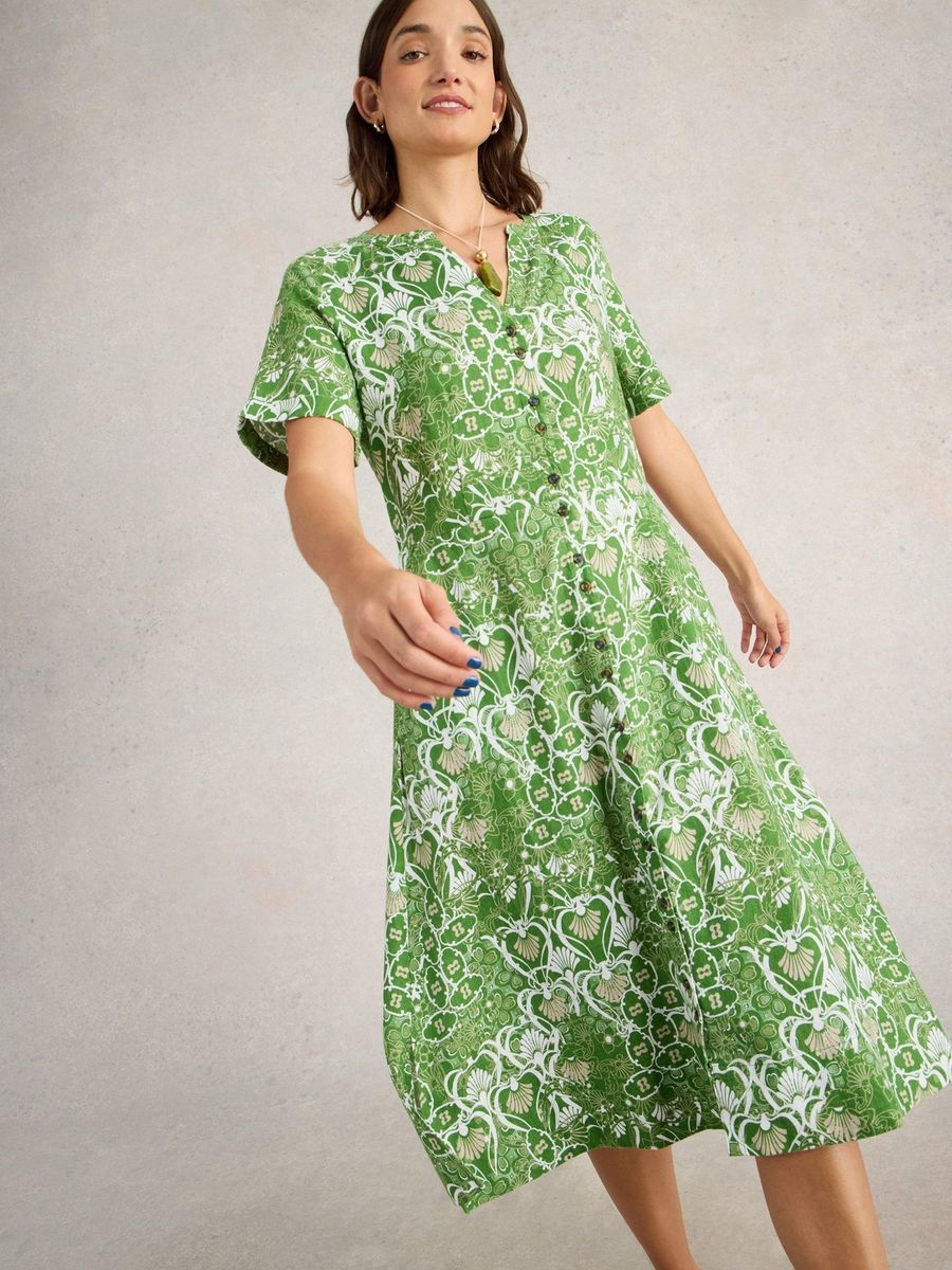 Leinen-Midi-Hemdkleid mit Blumendruck