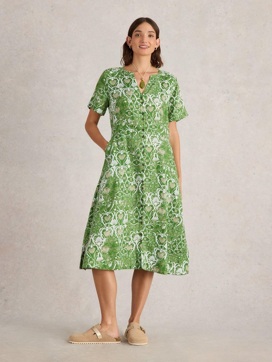 Leinen-Midi-Hemdkleid mit Blumendruck
