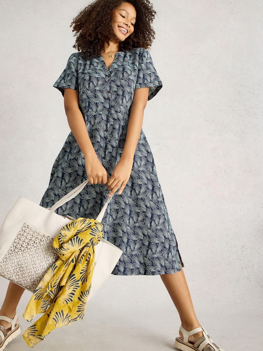Leinen-Midi-Hemdkleid mit Blumendruck