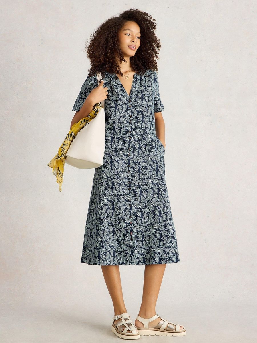 Leinen-Midi-Hemdkleid mit Blumendruck