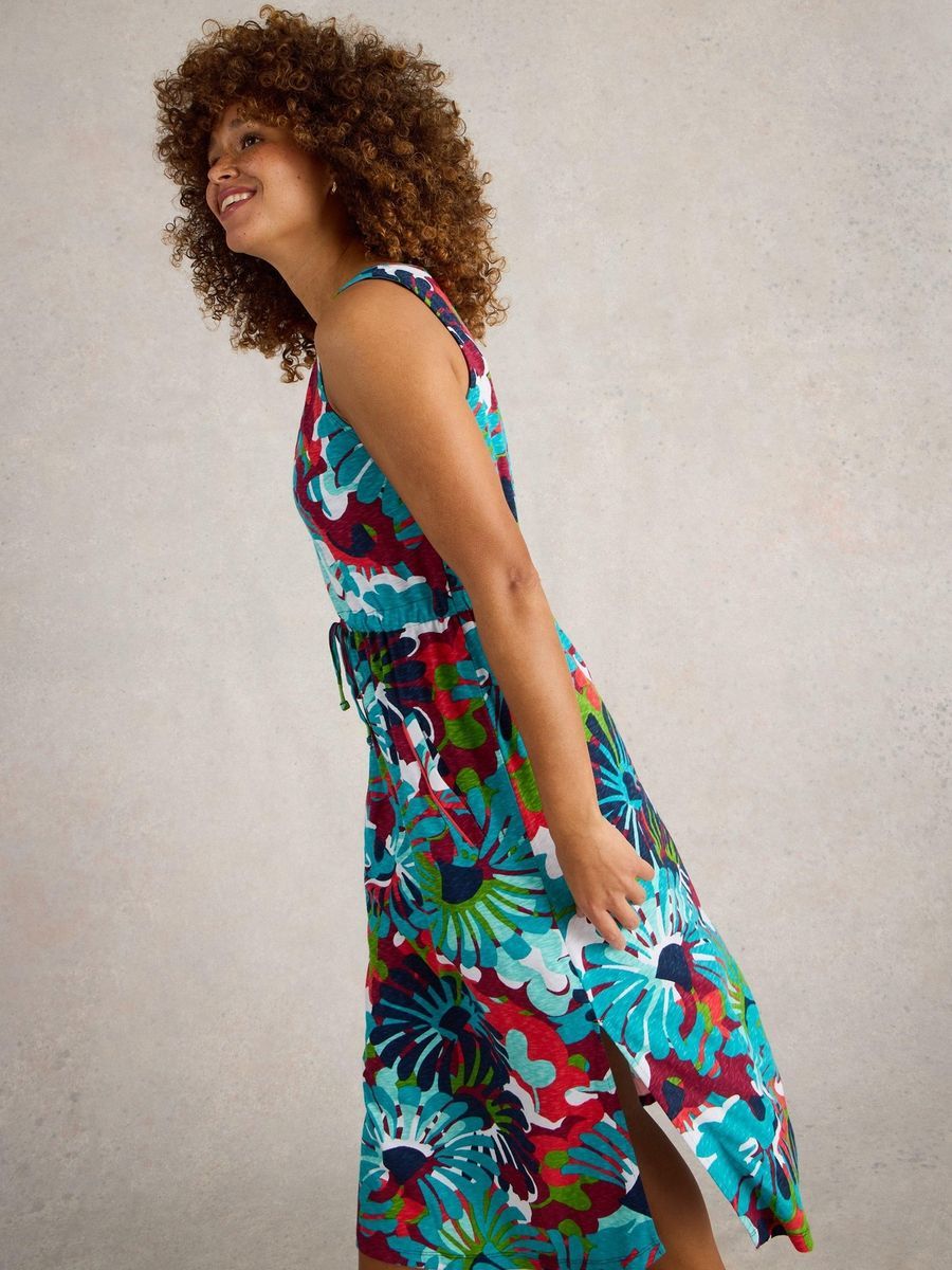Ärmelloses Baumwoll-Midikleid mit Blumendruck