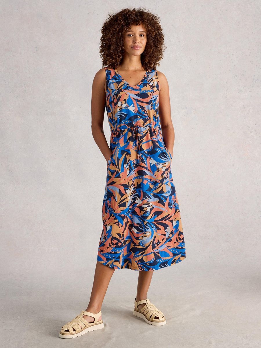 Ärmelloses Baumwoll-Midikleid mit Blumendruck