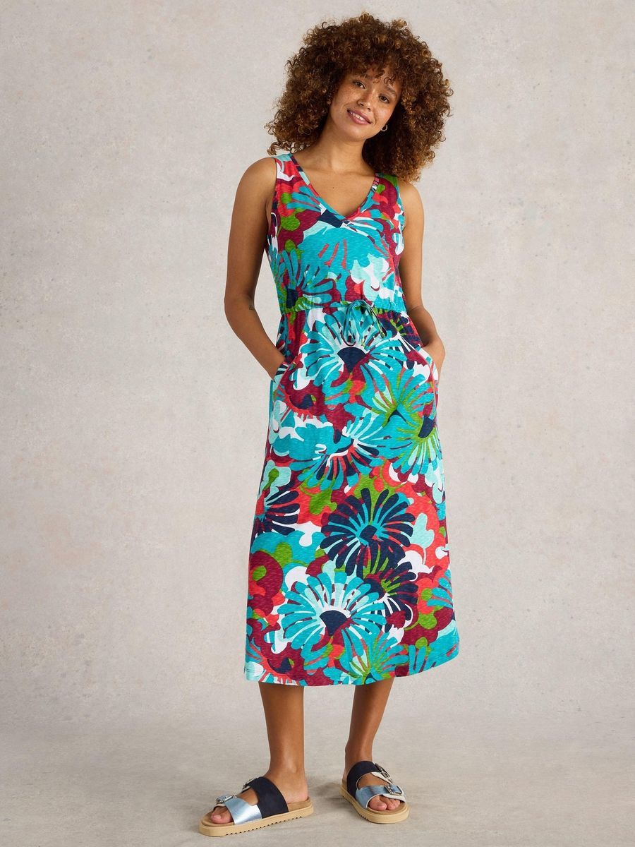 Ärmelloses Baumwoll-Midikleid mit Blumendruck