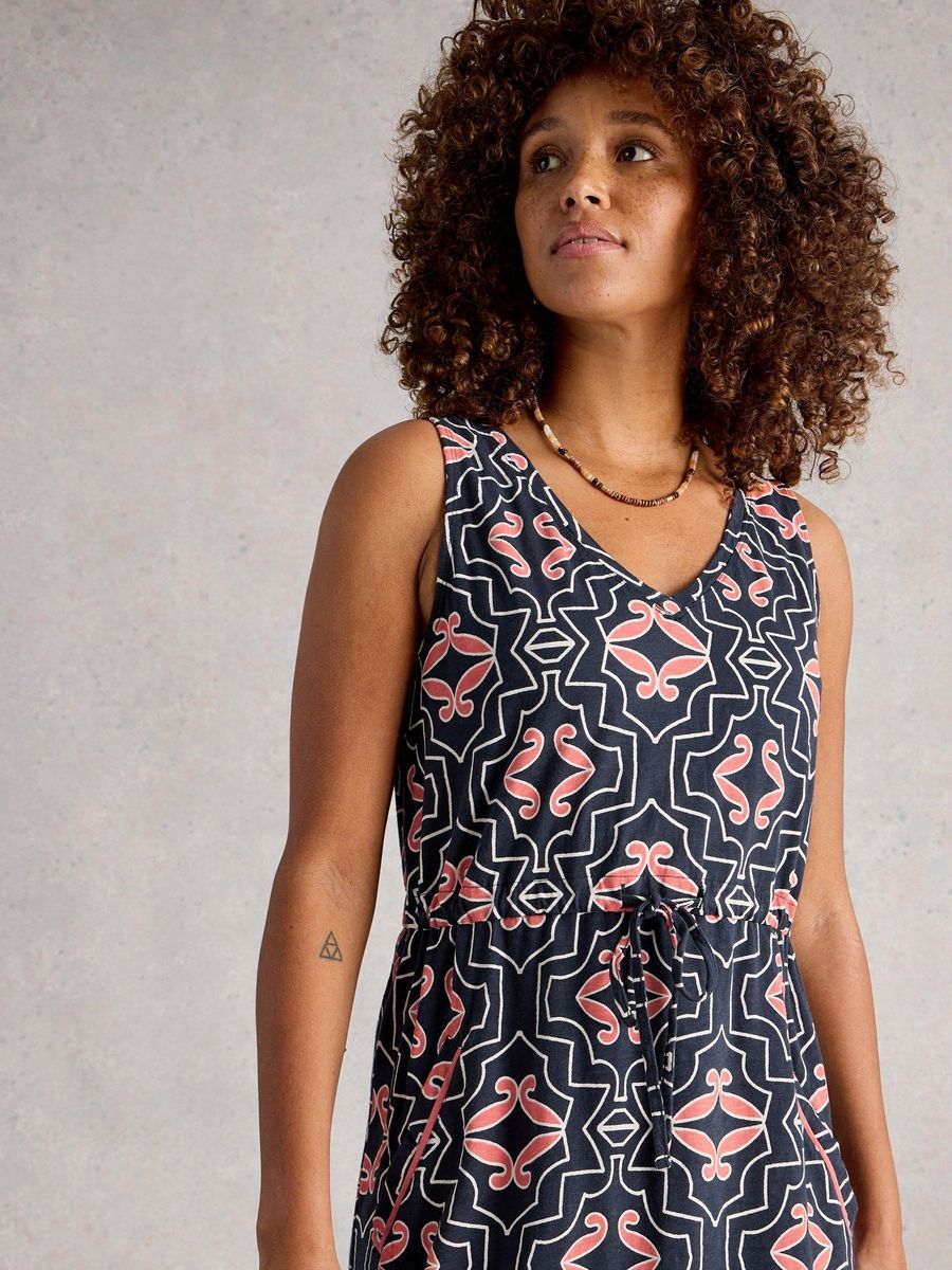 Ärmelloses Baumwoll-Midikleid mit Blumendruck