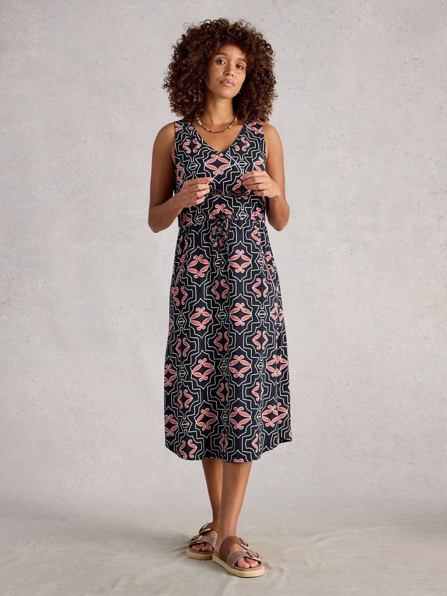 Ärmelloses Baumwoll-Midikleid mit Blumendruck