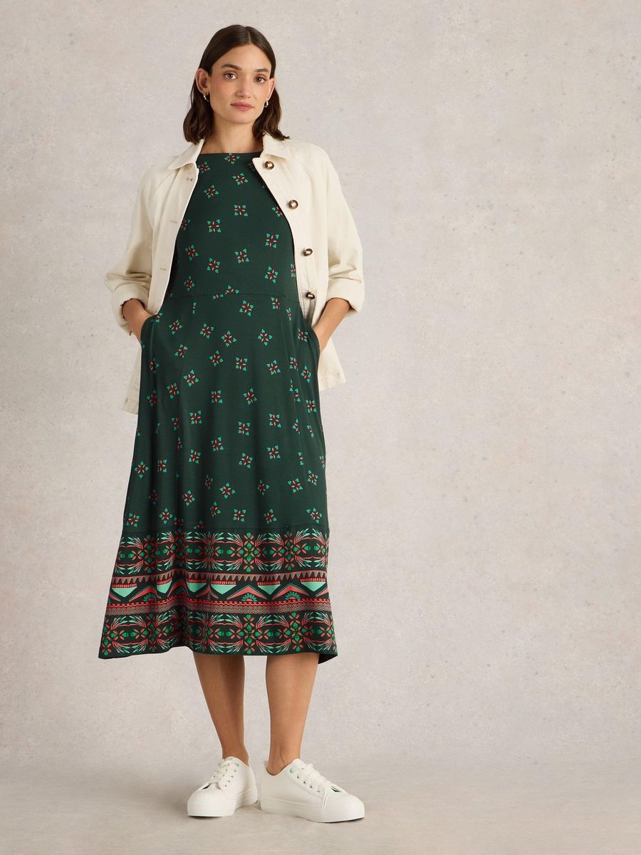 Grünes bedrucktes Midi-Jerseykleid