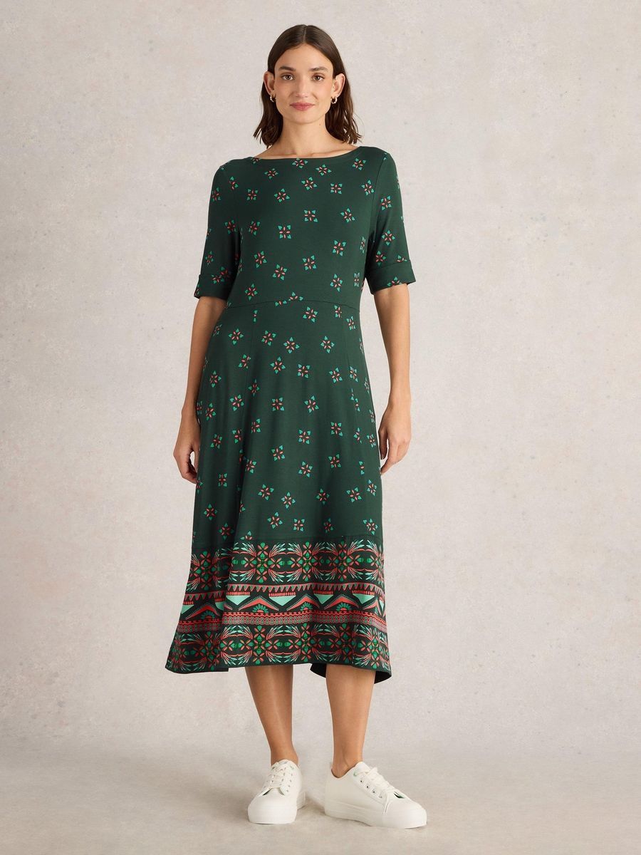 Grünes bedrucktes Midi-Jerseykleid