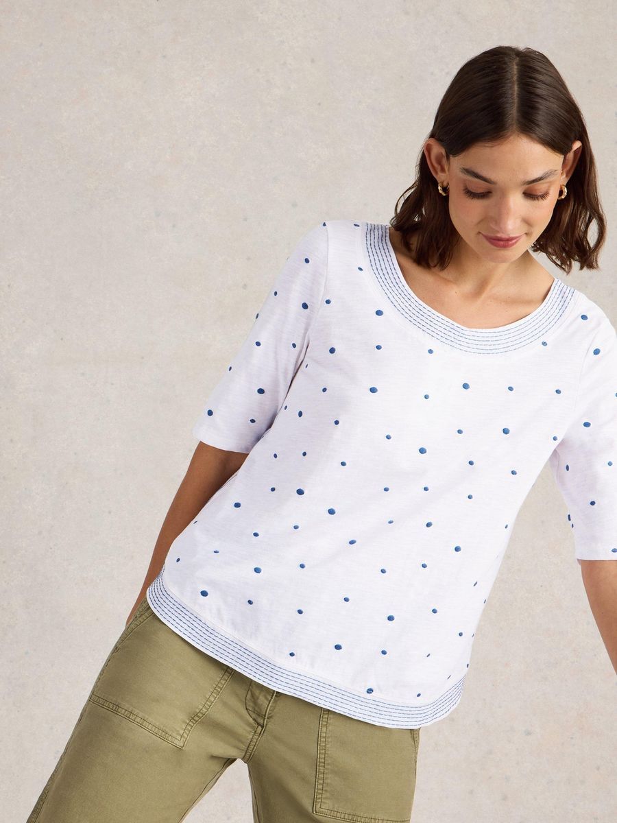Besticktes Baumwoll-T-Shirt mit Polka Dots