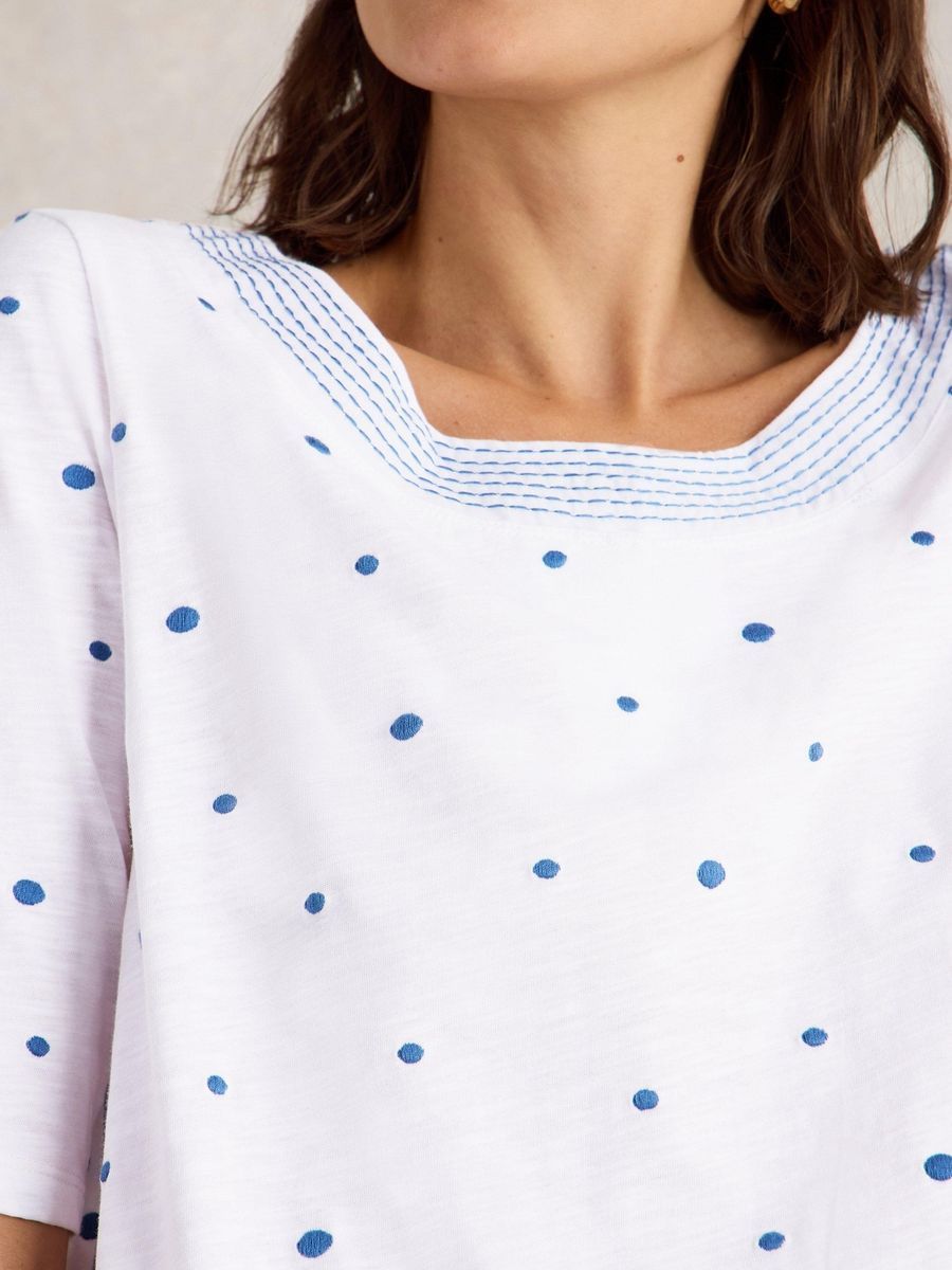 Besticktes Baumwoll-T-Shirt mit Polka Dots