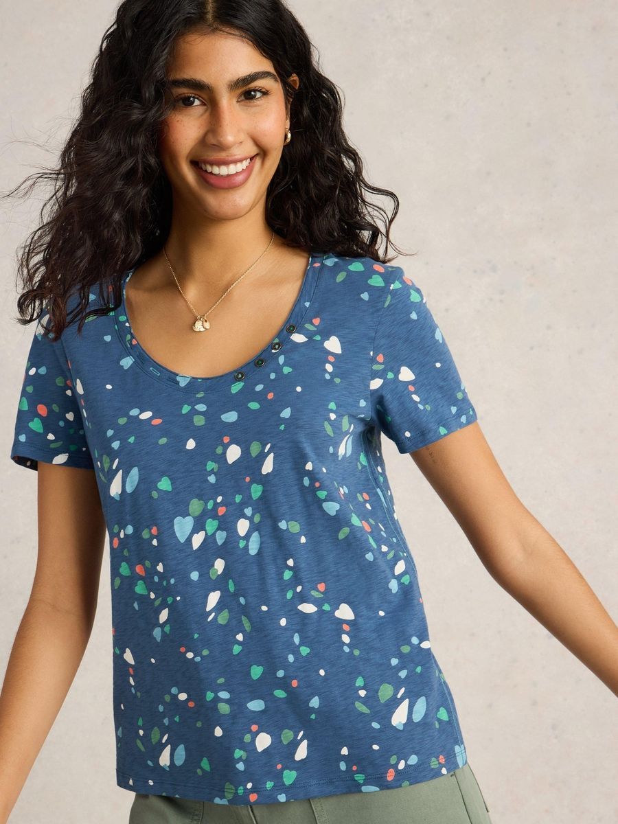 Bedrucktes Baumwoll-T-Shirt mit Knöpfen