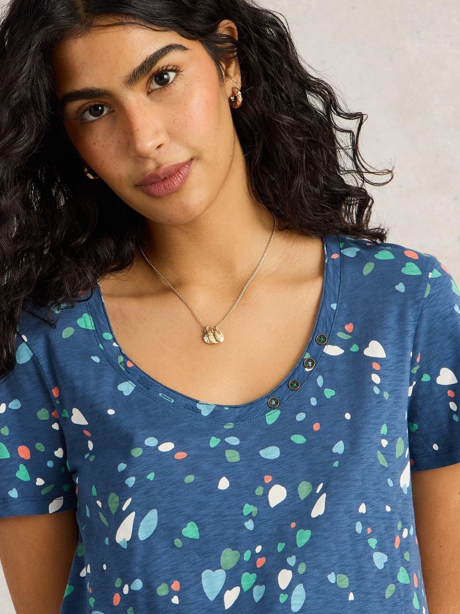 Bedrucktes Baumwoll-T-Shirt mit Knöpfen