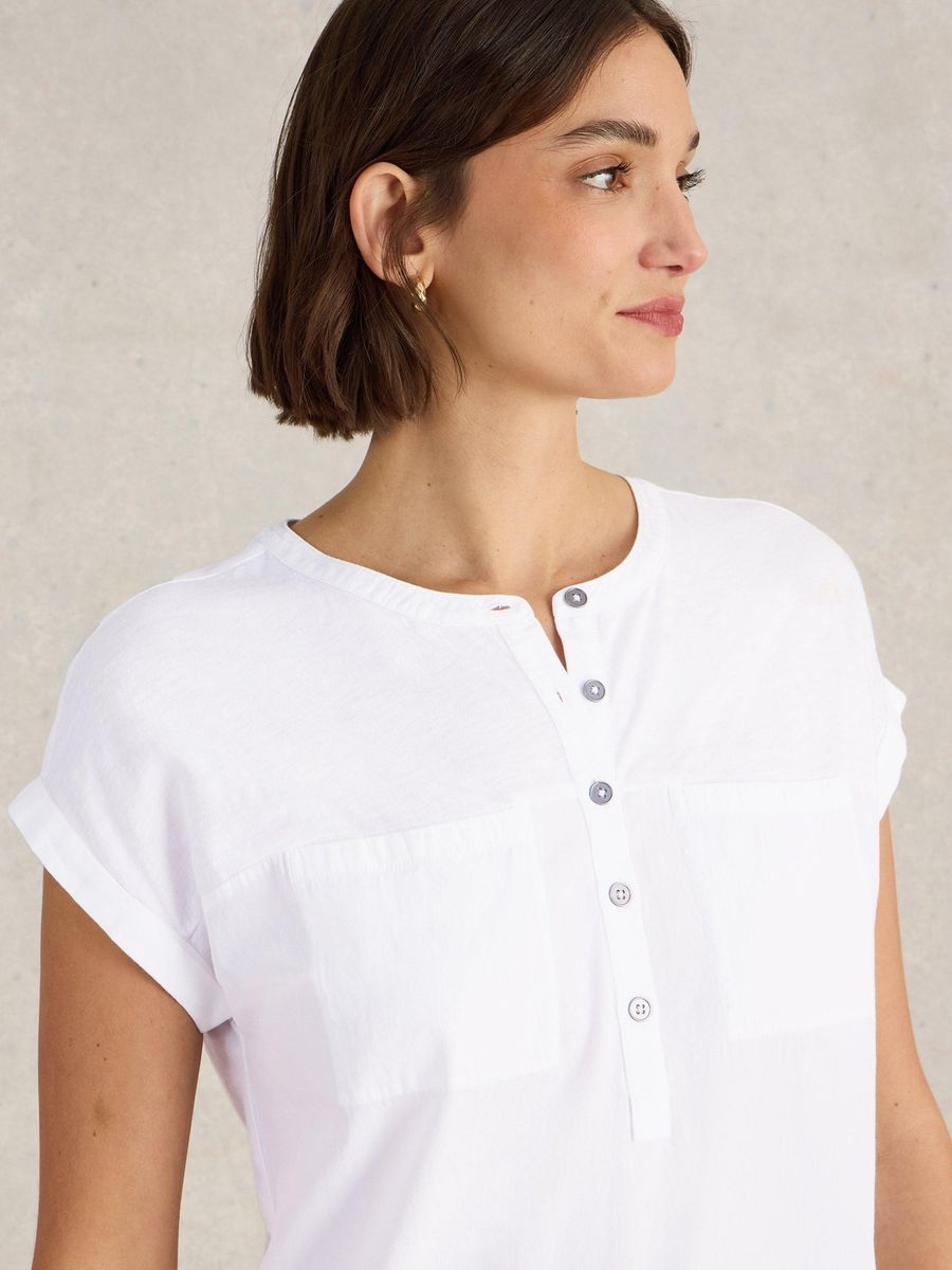Damen Baumwoll Kurzarm-Top mit Knopfleiste