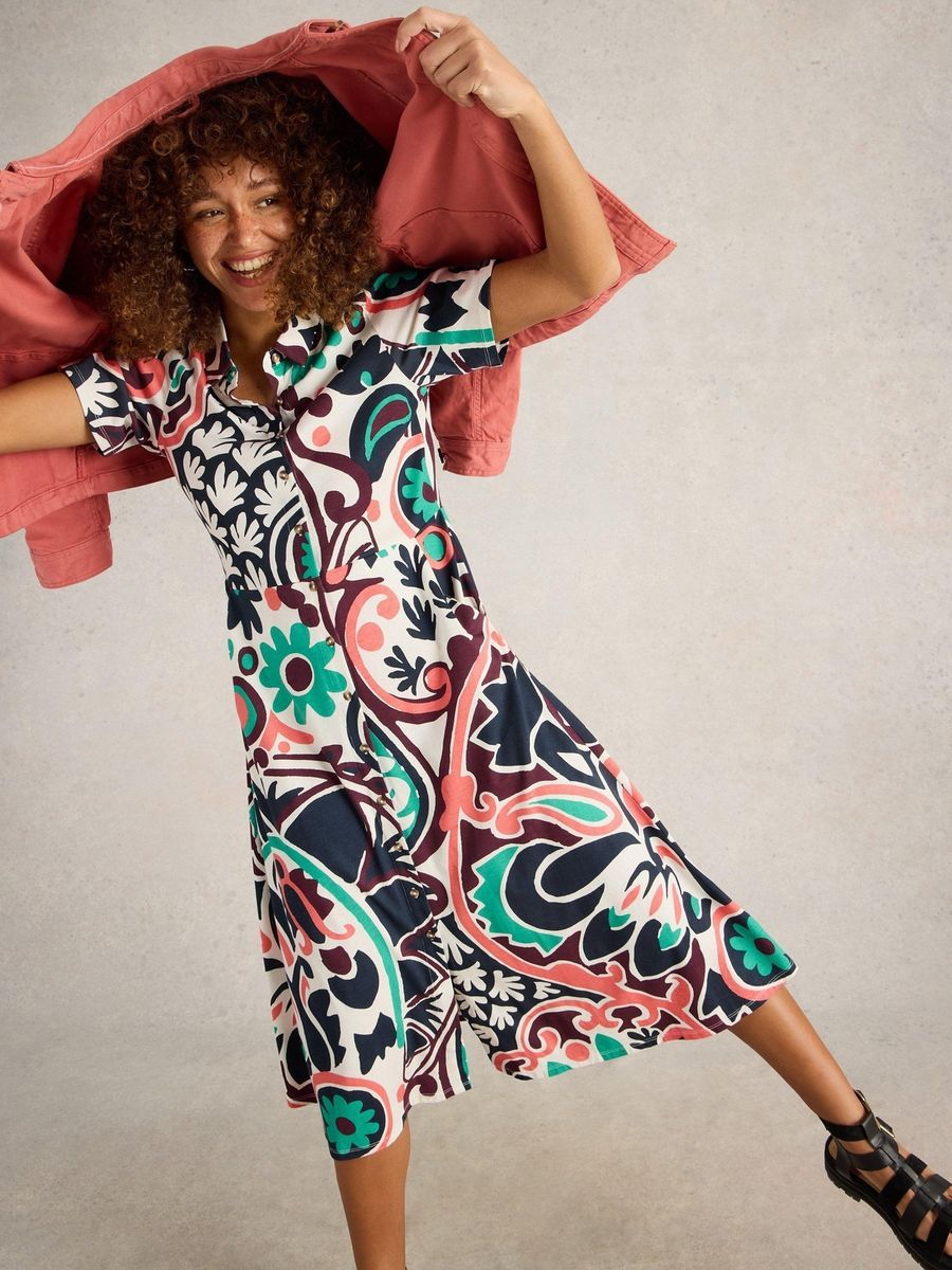 Bedrucktes Jersey-Hemdkleid mit Knöpfen