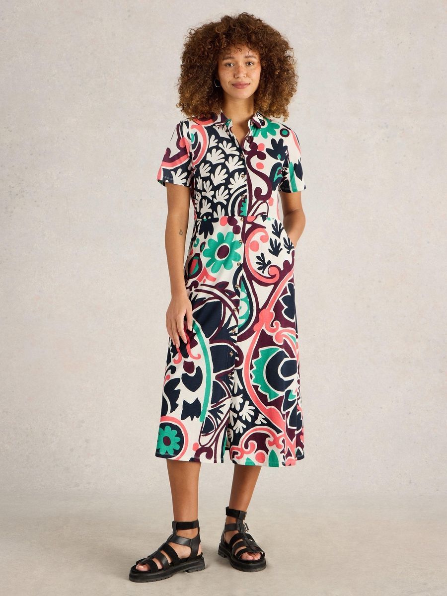 Bedrucktes Jersey-Hemdkleid mit Knöpfen