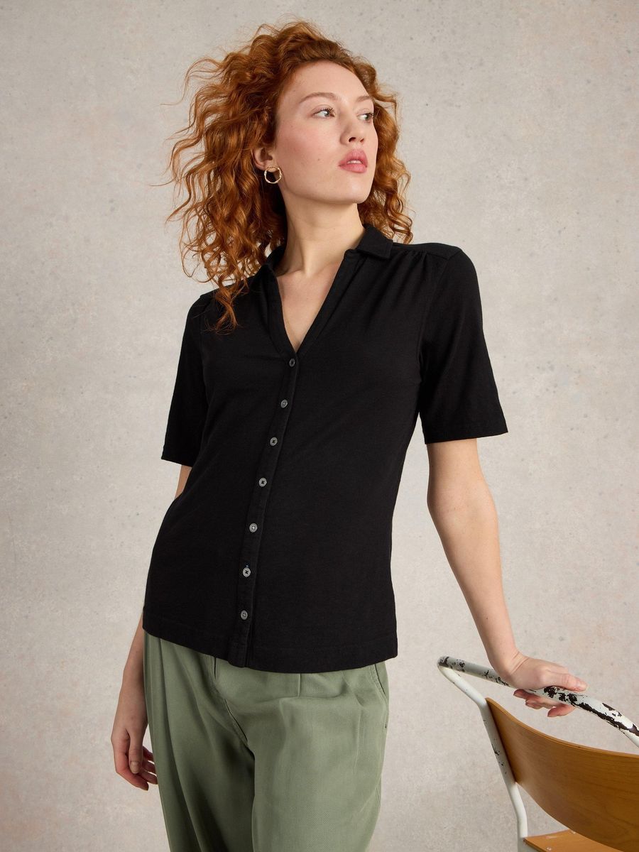 Jersey Kurzarm Bluse mit Knopfleiste