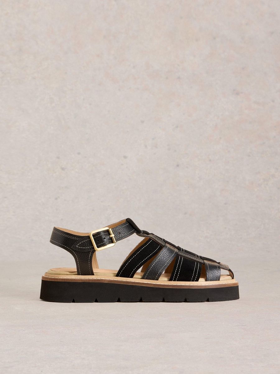 Schwarze Leder-Fischer-Plateausandalen